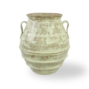 Vaso Boca Larga com Cerâmica Esmaltada Verde, Branca e Bege