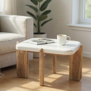 Mesa em Madeira Teca Clara e Tampo de Terazzo Branco A40 X L60 X C40Cm