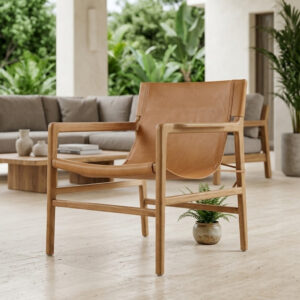 Poltrona Java em Madeira Teca e Couro Legitimo Caramelo A88 X L66 X P66Cm