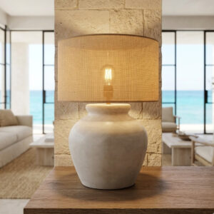 Abajur Arredondado em Cerâmica e Cúpula de Linho A65 x D50cm