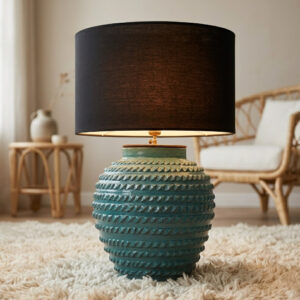 Abajur em Cerâmica Azul com Textura em Relevo A50 X D34Cm