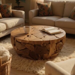 Mesa de Centro Redonda em Blocos de Madeira Teca A50 X D120cm