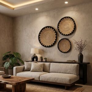 Kit Decoração Parede Rattan Orgânico Luxo Lampu 3 Pçs