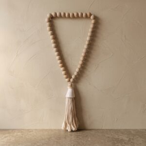 Colar Tailandês de Contas de Madeira Natural com Tassel de Algodão Cru A61x L8