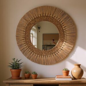 Espelho Decorativo Redondo Moldura trançada Palha