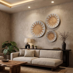 Kit Decoração Parede Rattan Orgânico Luxo Lampu 3 Pçs