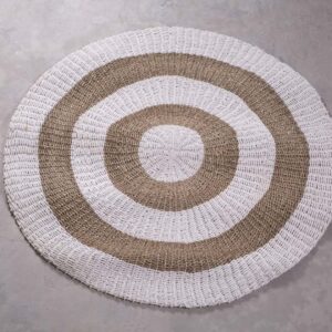 Tapete Redondo em Fibra Natural Bege com Branco