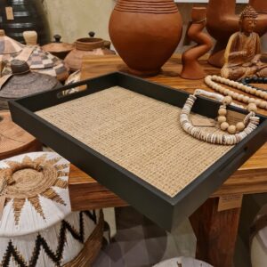 Bandeja Decorativa Retangular em Madeira e Rattan Balinês 6x54x39cm (AxLxC)