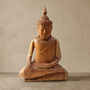 Escultura Buda Zen em Madeira Entalhada com Detalhes Finos 46x30cm (AxL)