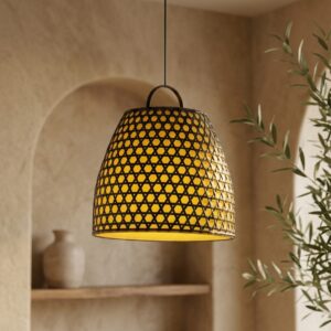 Luminária Fibra Sintetica Aruna Amarelo Tran P Altura: 36 cm X Diâmetro: 34 cm